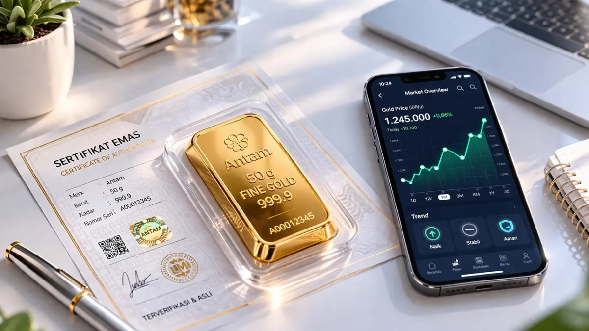 Memantau daftar harga emas di Pegadaian setiap awal pekan membantu kamu menentukan strategi investasi terbaik dalam mengamankan nilai aset melalui logam mulia Antam, UBS, dan Galeri 24. (RIFKI/AI)