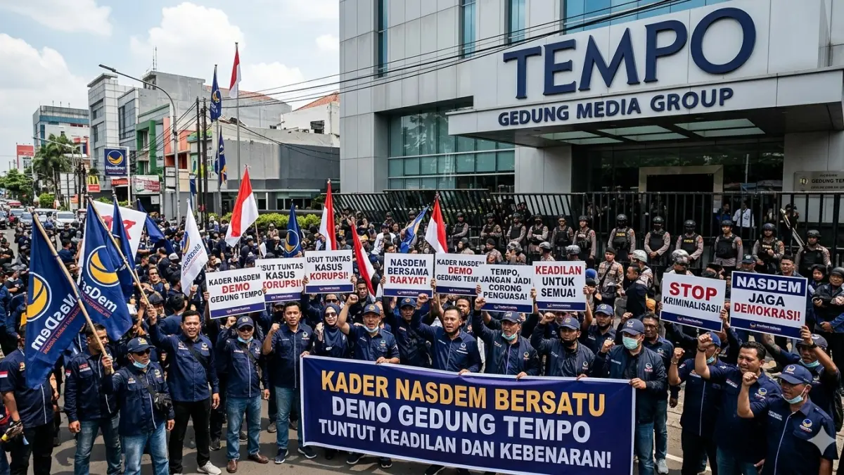 Ilustrasi kader NasDem aksi di depan gedung Tempo. (ai/nurhariri/halojember)