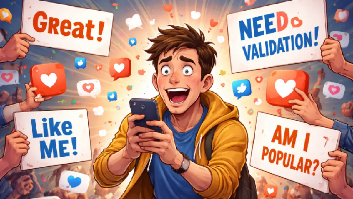 Ilustrasi orang yang sedang mencari validasi (Ona/AI/Halojember)