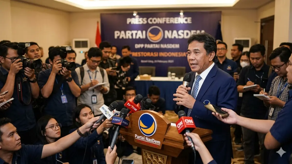 Ilustrasi pidato Wakil Ketua Umum DPP Partai NasDem, Saan Mustopa, memberikan penegasan terhadap arah partainya kaitan isu merger (fusi). (ai/nurhariri/halojember)