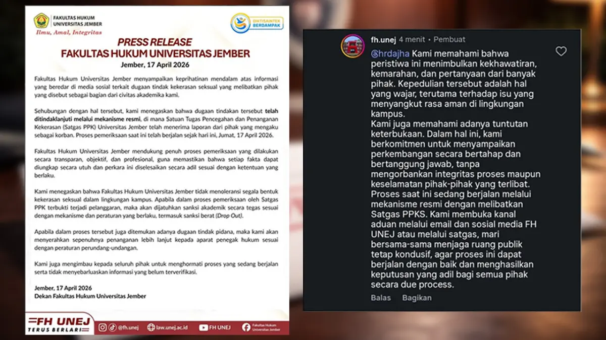 Pernyataan resmi Fakultas Hukum Universitas Jember terkait komitmen pemberian sanksi berat hingga Drop Out bagi pelaku kekerasan seksual di lingkungan kampus demi keadilan para korban buat kamu. (tangakapn layar Instagram Maba UNEJ)