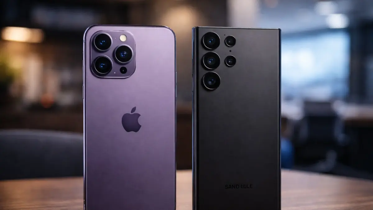 Perbandingan fisik antara iPhone 14 Pro Max dan Galaxy S23 Ultra yang menjadi incaran utama para pemburu HP bekas flagship di tahun 2026 karena harganya yang semakin terjangkau. (ai/rifki/halojember)
