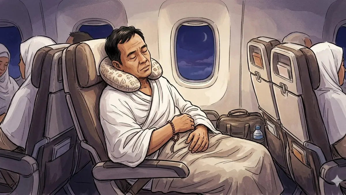 CJH asal Indonesia atau dari dunia mana pun bisa saja tertidur seperti foto ilustrasi dan mimpi basah alias junub saat di pesawat. (ai/nurhariri/radarjember)