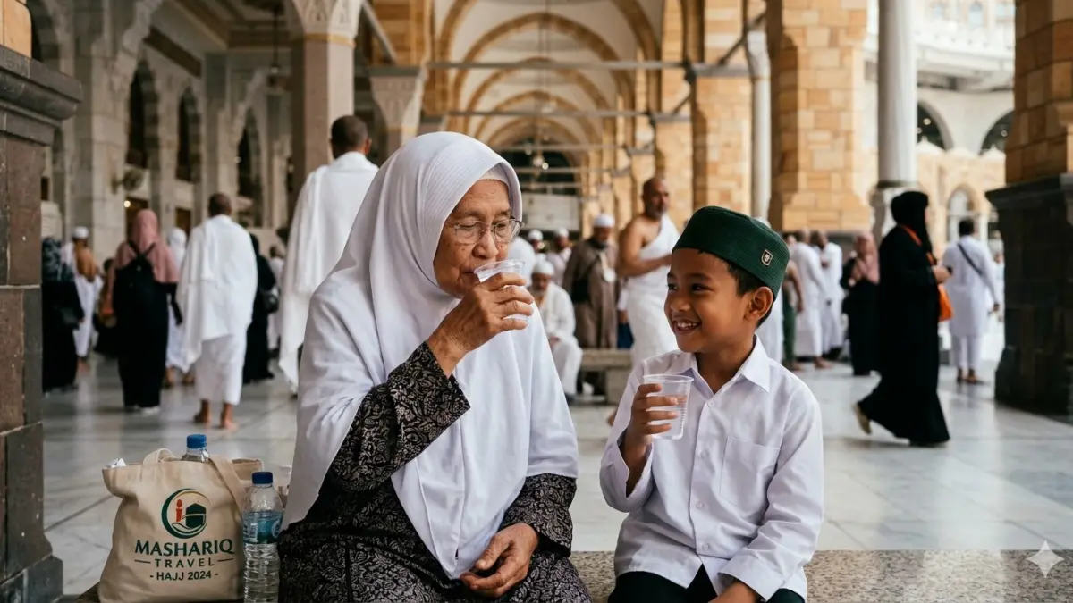 Nenek dan cucunya minum air zamzam, keduanya tampak sumringah dalam foto ilustrasi karena menyegarkan dan menyehatkan. (ai/nurhariri/radarjember)