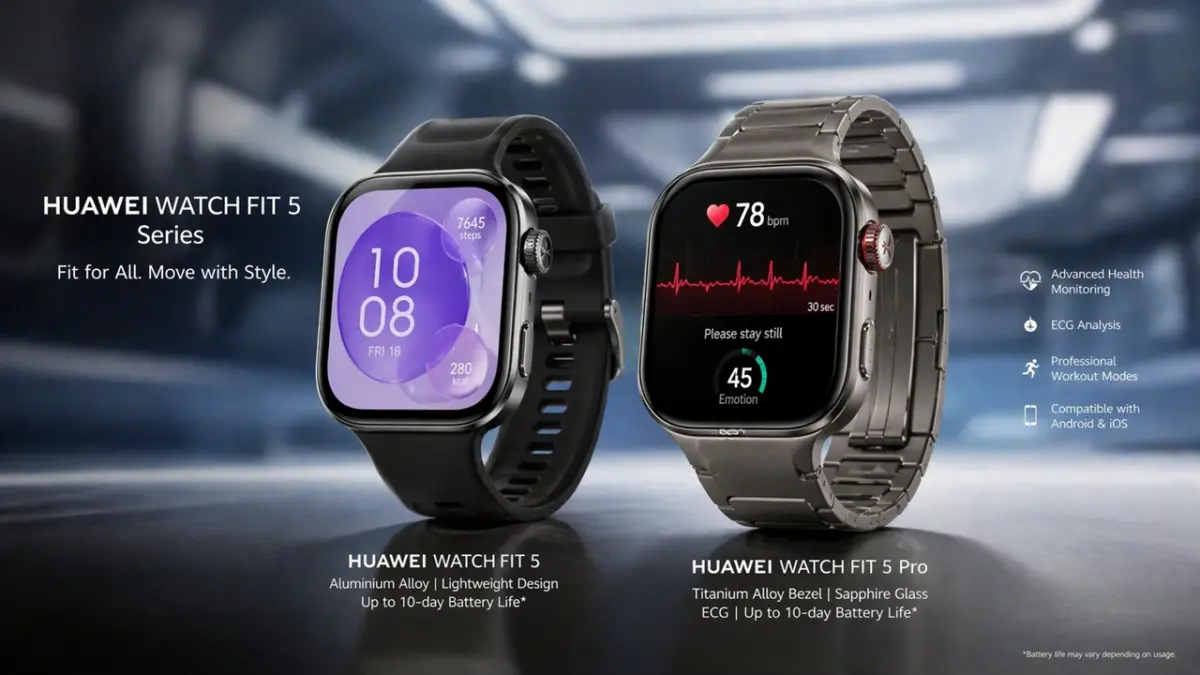 Tampilan mewah Huawei Watch Fit 5 Pro yang kini dilengkapi material titanium dan sensor kesehatan lengkap untuk mendukung gaya hidup aktif dan sehat kamu sehari-hari. (ai/rifki/halojember)