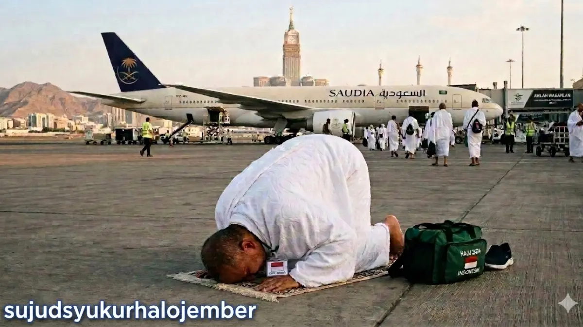 CJH Indonesia sujud syukur ketika sampai di Arab Saudi. Pada momen ini menjadi awal perjalanan ibadah haji dan umroh. (ai/nurhariri/halojember)