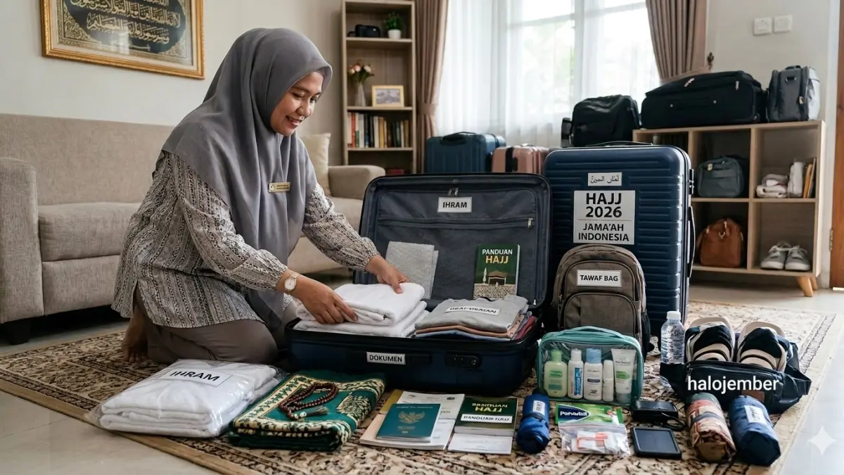 CJH mempersiapkan barang bawaan untuk dimasukkan ke dalam koper sebelum berangkat ke tanah suci seperti dalam gambar ilustrasi&nbsp;CJH Indonesia. (ai/nurhariri/halojember)