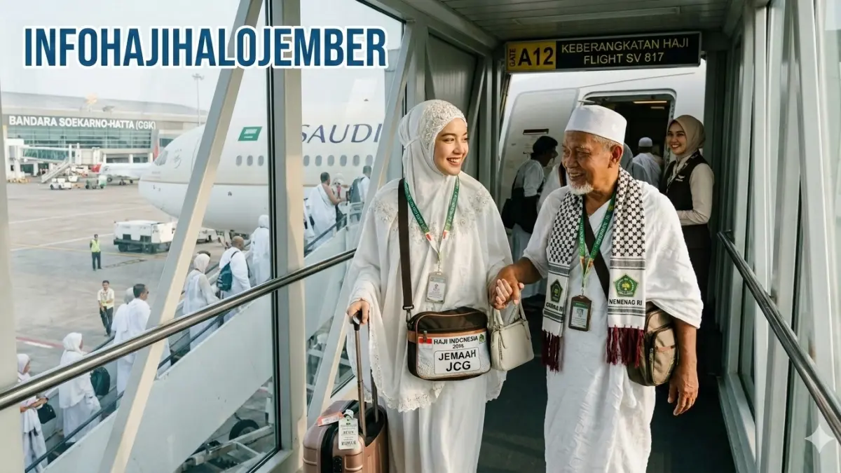 CJH menaiki pesawat yang akan membawa ke tanah suci Makkah dalam ilustrasi tersebut. (ai/nurhariri/halojember)