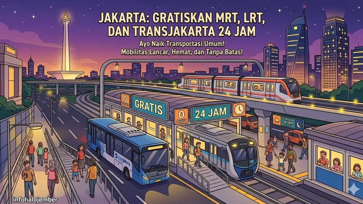 Ilustrasi Jakarta Gratiskan MRT, LRT, & Transjakarta 24 Jam. (ai/nurhariri/halojember)