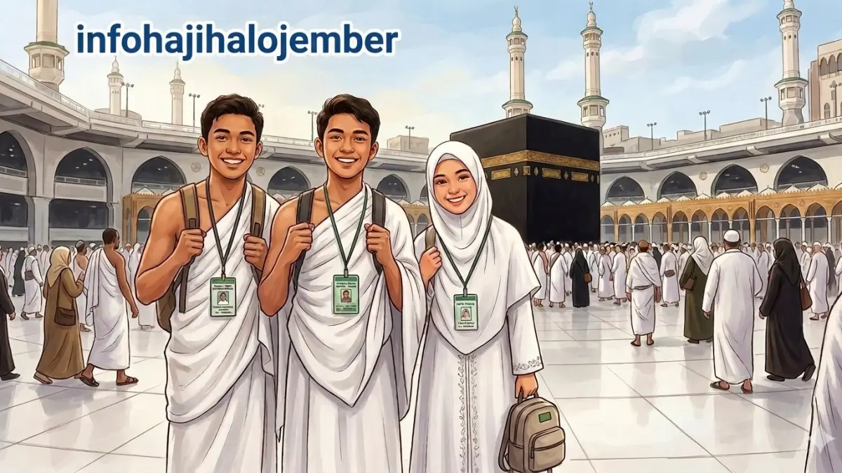 Ilustrasi CJH termuda Indonesia Syafzani Wibowo asal Bali dan Sofia Kamila asal Kalimantan Selatan, dan satu jemaah lain. (ai/nurhariri/halojember)