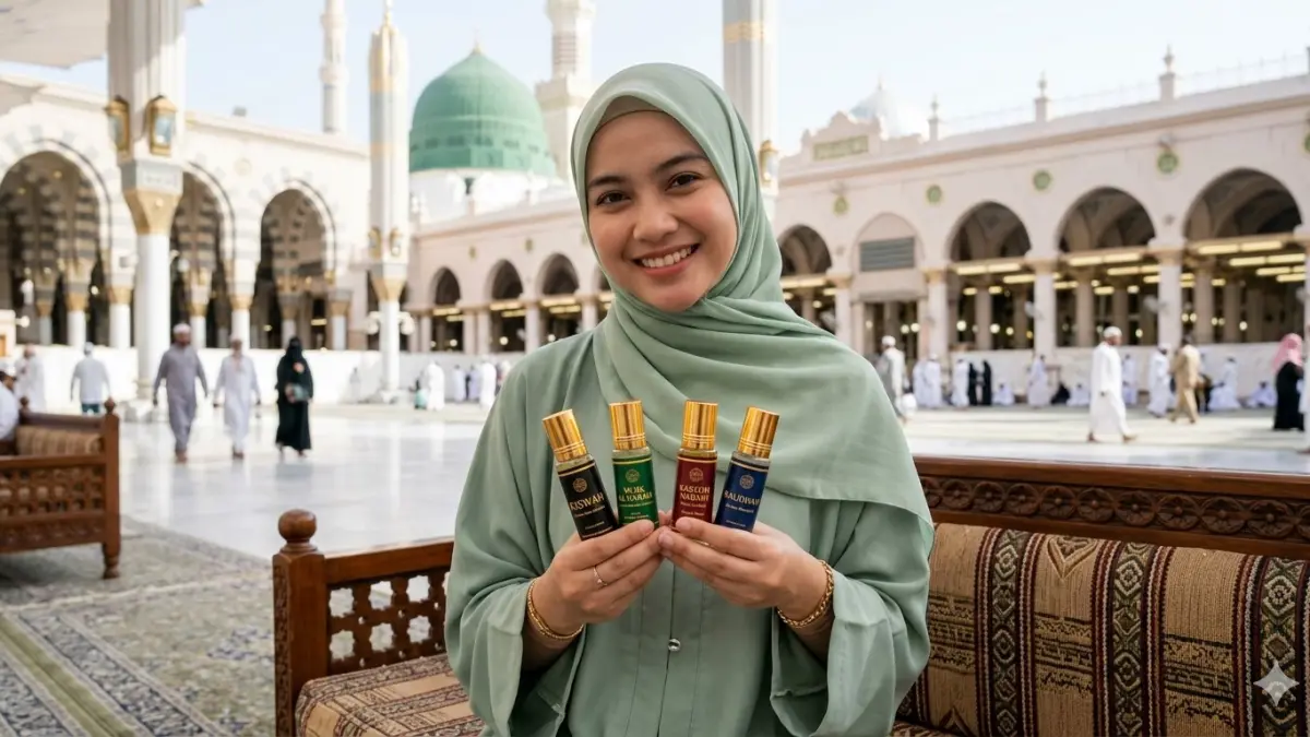 Gambar parfum atau minyak ini cocok untuk jemaah haji 2026. Parfum Kiswah (Aroma Kain Kakbah), Musk Al Haram (Aroma Masjidil Haram), Minyak Wangi Kasturi Nabawi, Parfum Raudhah (Aroma Madinah). (nurhariri/ai/halojember)