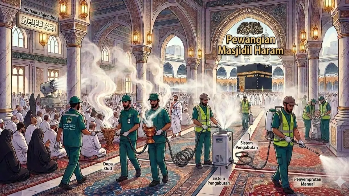 Proses pewangian pewangian Masjidil Haram dan Masjid Nabawi dilakukan secara massif setiap hari seperti pada gambar ilustrasi. (nurhariri/ai/halojember)