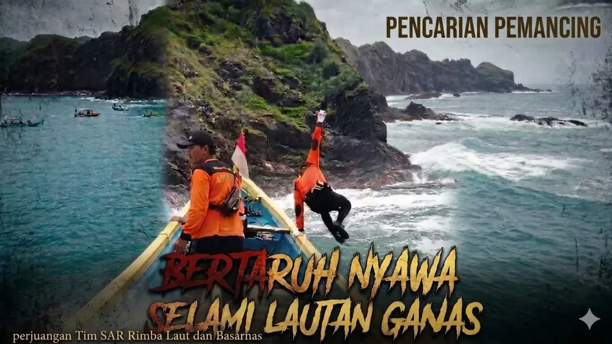 Anggota SAR Rimba Laut terjun untuk menyelam demi melakukan pencarian kepada pemancing yang hilang di laut selatan. (jumai-nurhariri/ai/halojember)