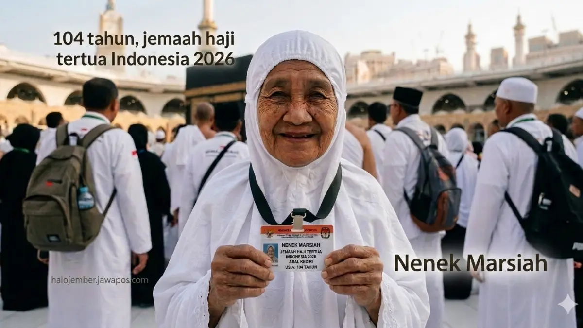 Nenek Marsiah berusia 104 tahun, jemaah haji tertua Indonesia asal Kediri seperti gambar yang telah diolah. (nurhariri/ai/halojember)