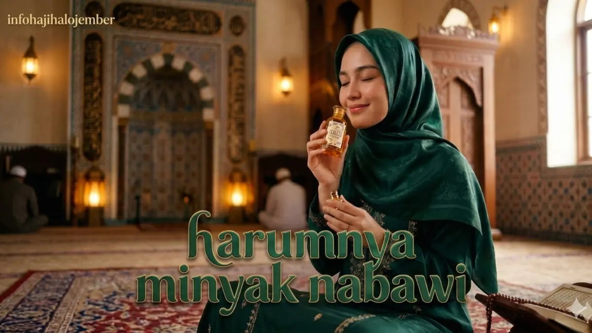 Perempuan cantik menghirup minyak Kasturi Nabawi dalam sebuah gambar ilustrasi dan minyak ini banyak digemari jemaah haji Indonesia. (nurhariri/ai/halojember)