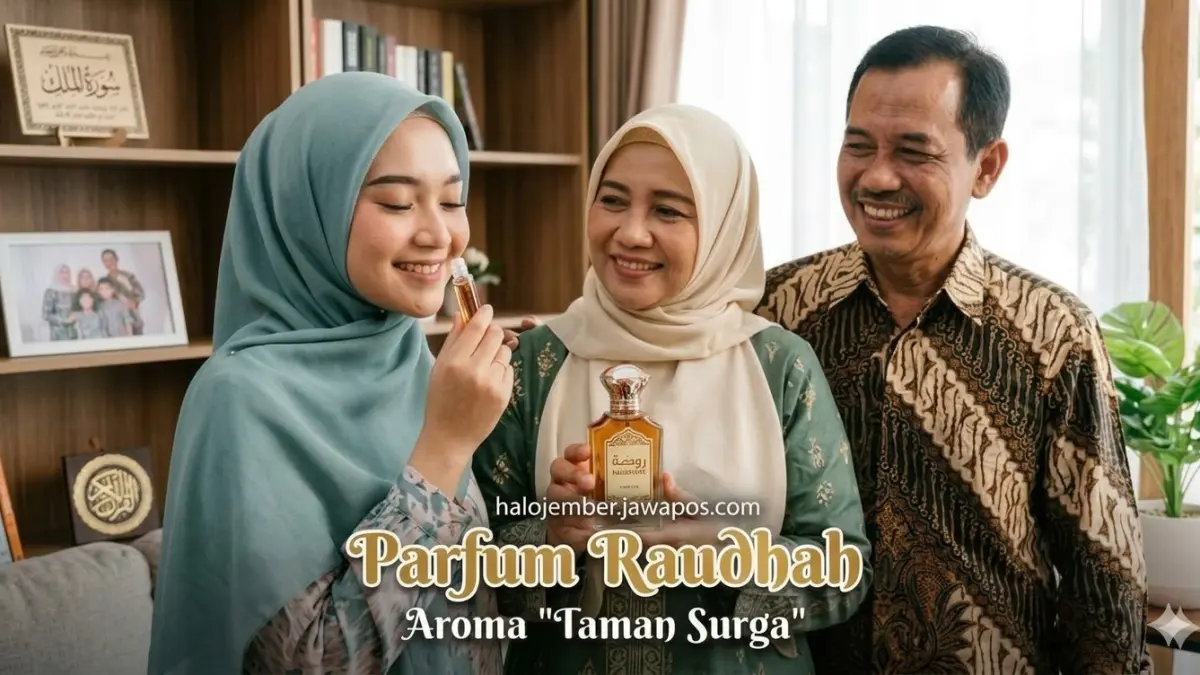 Sebuah keluarga menikmati aroma Parfum Raudhah atau aroma Madinah yang juga dikenal aroma taman surge dalam gambar ilustrasi. (nurhariri/ai/halojember)