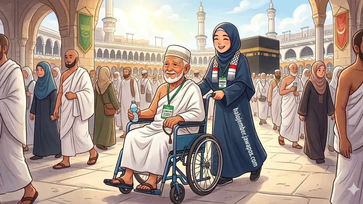 Ilustrasi gadis mendorong orang tuanya yang lansia saat naik haji di Makkah. (nurhariri/ai/halojember)