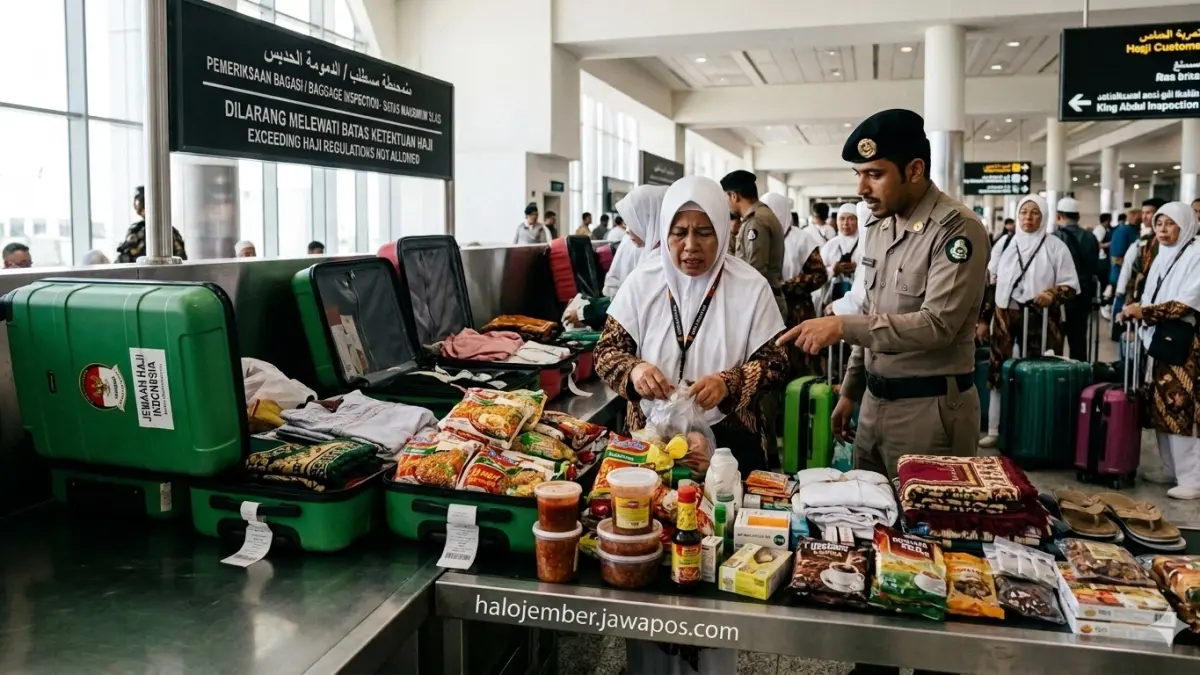 Jemaah haji harus bijak dalam membawa barang agar tidak lebih dari 32 Kg agar taka da yang diturunkan seperti dalam gambar ilustrasi pengecekan di atas. (nurhariri/ai/halojember)