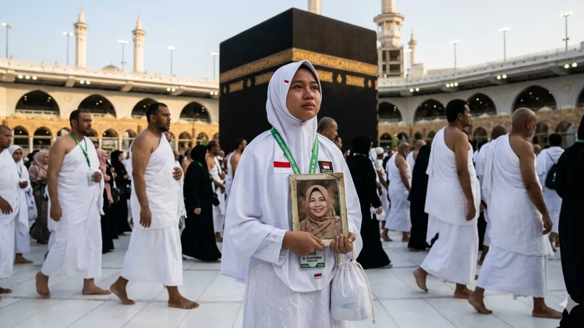 Syafaroh, remaja 16 tahun asal Pasuruan membawa foto ibunya yang meninggal dunia, dalam sebuah gambar ilustrasi saat naik haji di tanah suci Makkah. (nurhariri/ai/halojember)