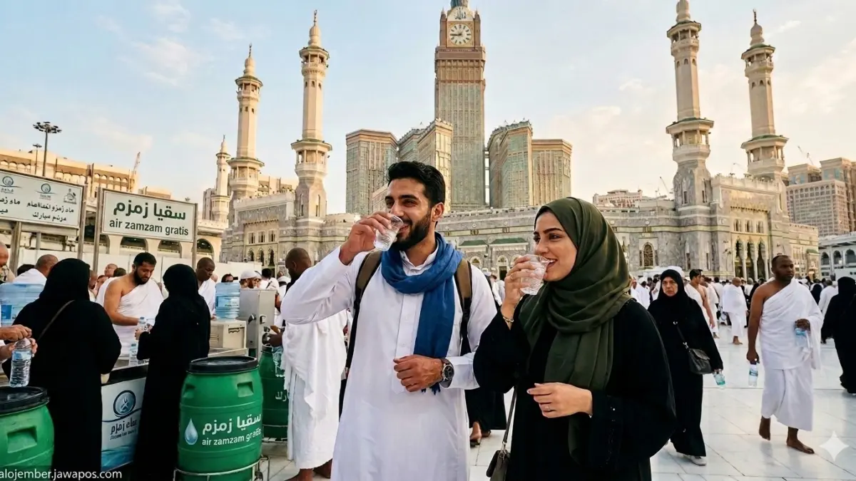Pasangan suami istri minum air Zamzam gartis guna mengatasi dehidrasi. (nurhariri/ai/halojember)