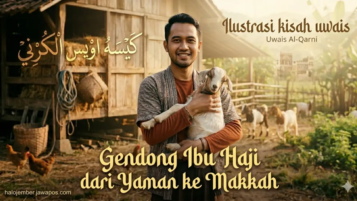 Gambar ilustrasi kisah Uwais yang melegenda karena menggendong ibunya untuk haji dari Yaman ke Makkah. (nurhariri/ai/halojember)