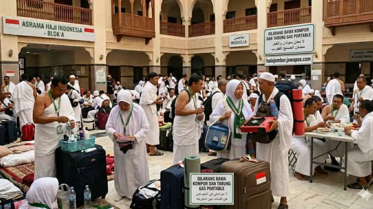Iustrasi gambar calon jemaah haji yang nekat membawa kompor dan tabung gas portable. (nurhariri/ai/halojember)