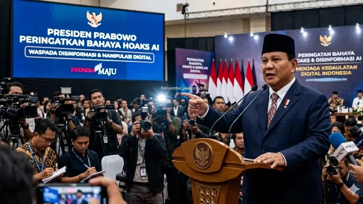 Presiden Republik Indonesia Prabowo Subianto memberikan peringatan akan bahaya hoaks AI karena ada yang berpotensi membuat keributan dan memecah belah bangsa. (nurhariri/ai/halojember)