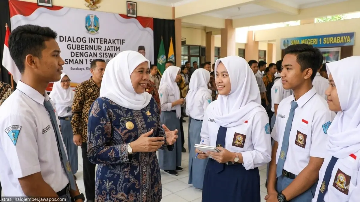 Gambar ilustrasi Gubernur Khofifah berbincang dengan siswa. (nurhariri/ai/halojember)
