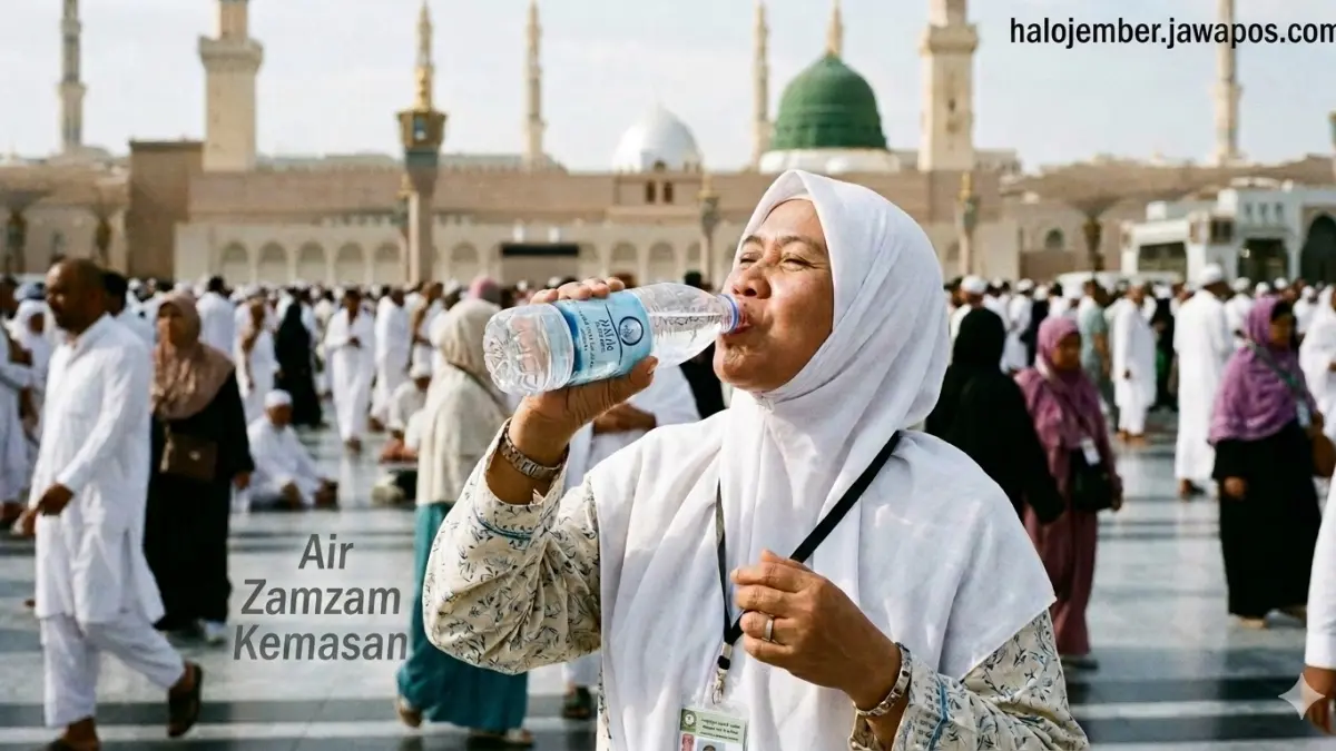 Ilustrasi jemaah haji meneguk sebotol air Zamzam di Arab Saudi untuk melepas dahaga. (nurhariri/ai/halojember)