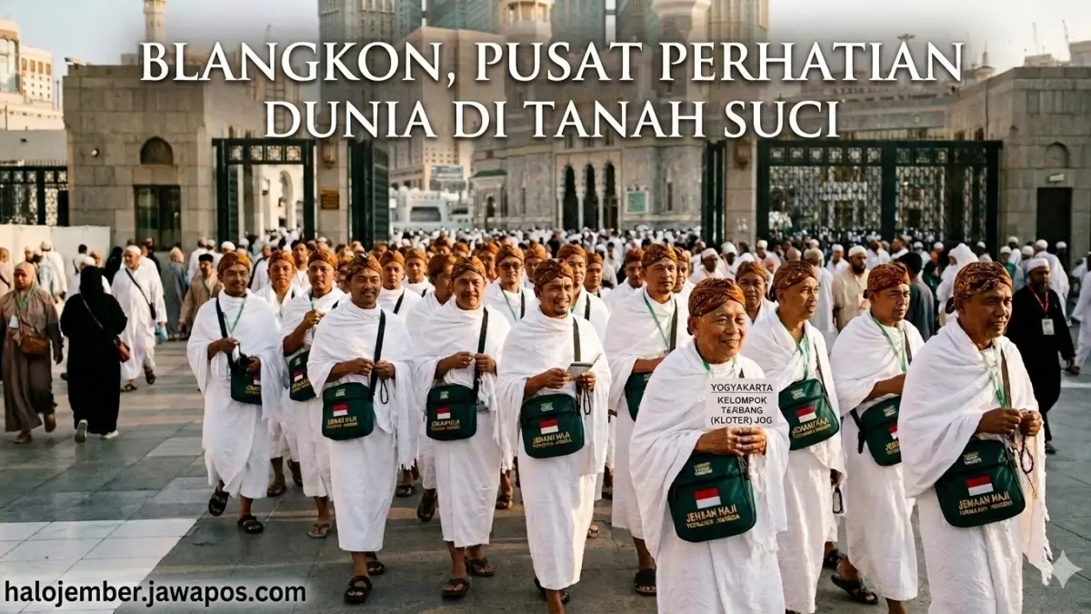 Blangkon yang dipakai dengan kompak oleh Jemaah Haji Yogyakarta 2026 mencuri perhatian dunia. (nurhariri/ai/halojember)