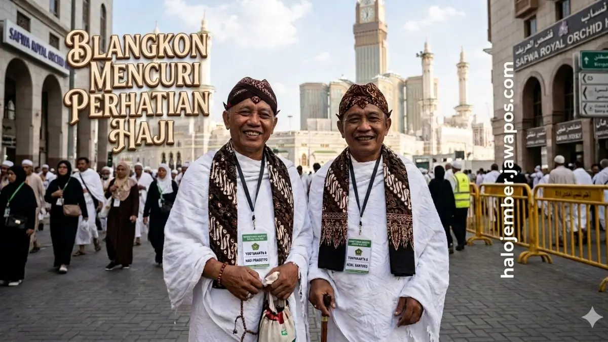 Dua jemaah haji asal Yogyakarta mengenakan Blangkon dan mencuri perhatian dunia. (nurhariri/ai/halojember)