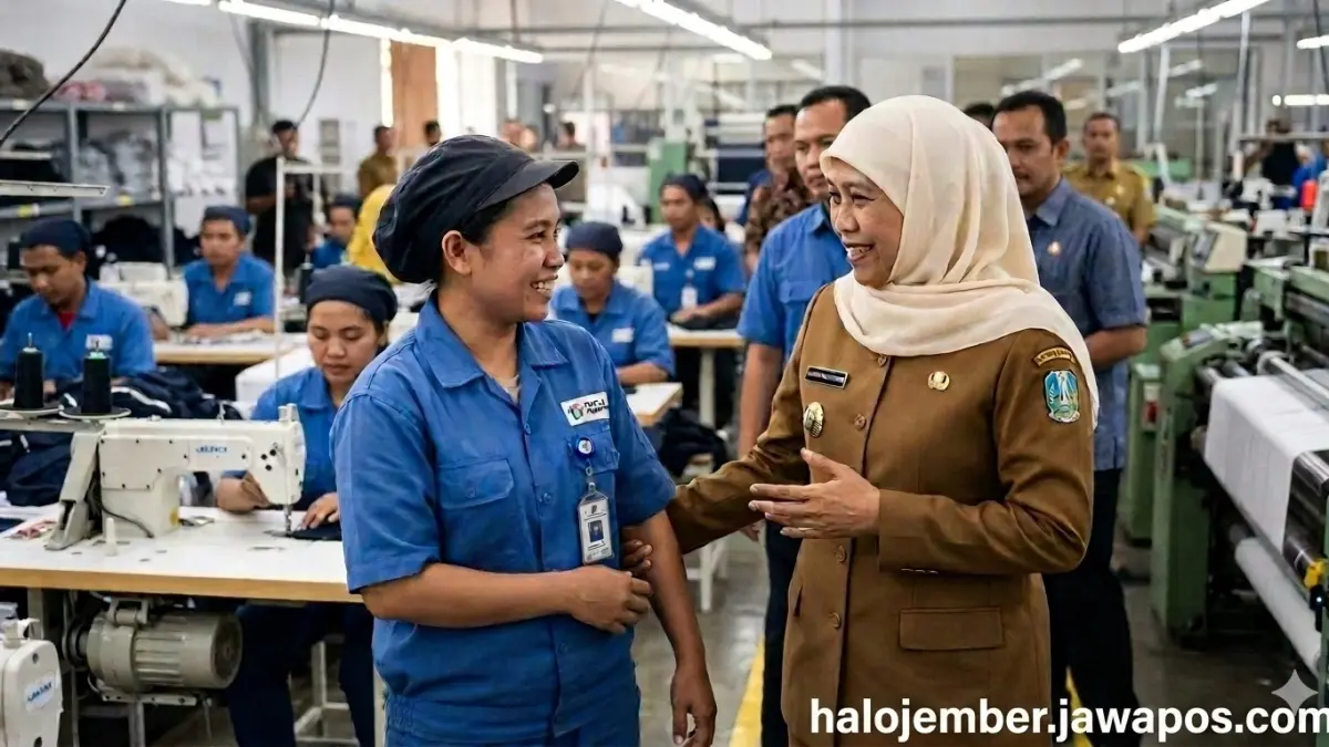 Gubernur Jatim Khofifah berbincang dengan buruh di sebuah perusahaan dalam sebuah gambar ilustrasi. (nurhariri/ai/halojember)