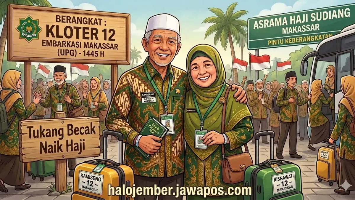 Kamiseng dan istrinya Risnawati, berangkat bersama dalam Kloter 12 Embarkasi Makassar. (nurhariri/ai/halojember)