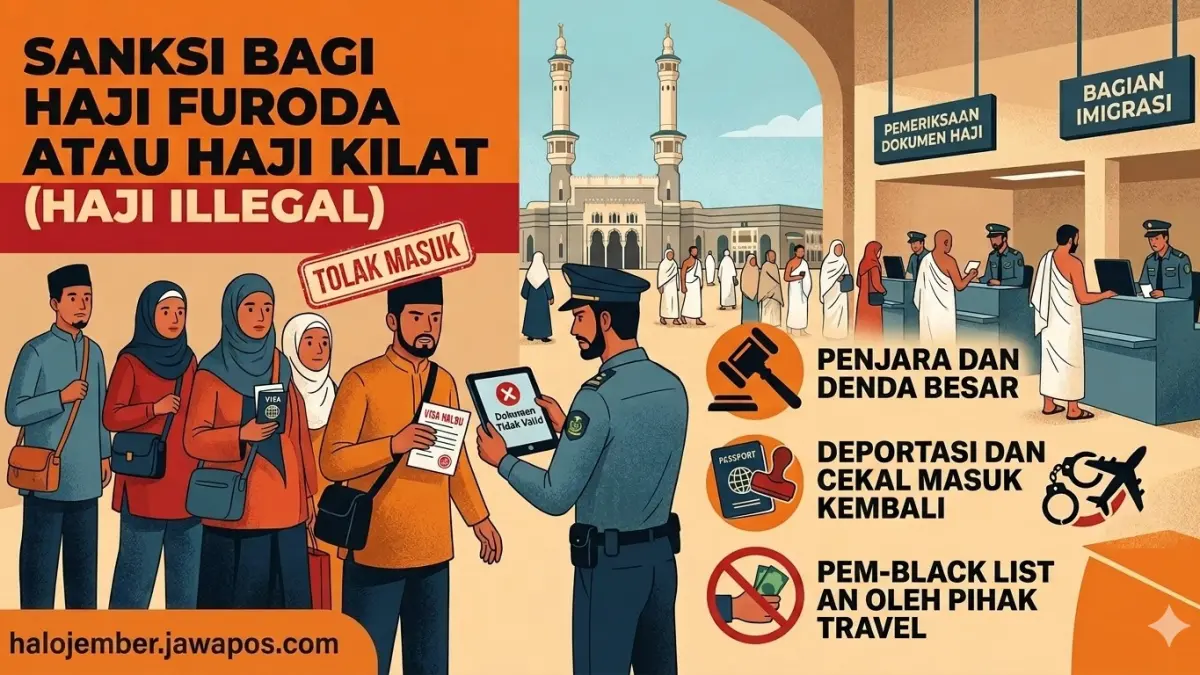 Sanksi bagi haji furoda atau haji kilat alias haji illegal yang tidak mau masuk dalam antrean haji. (nurhariri/ai/halojember)