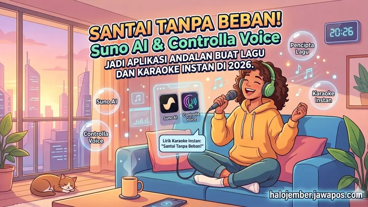 Ilustrasi bersantai dan berkaraoke dengan lagu buatan sendiri lewat Suno AI. (nurhariri/ai/halojember)