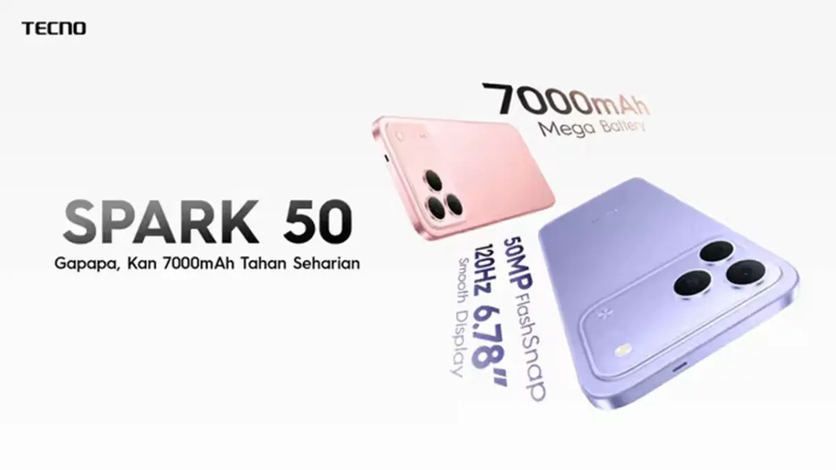 Tecno Spark 50 secara organik resmi meluncur di Indonesia dengan mengunggulkan baterai 7.000 mAh dan bodi tangguh yang tahan jatuh untuk mendukung produktivitas kamu. (TECNO)