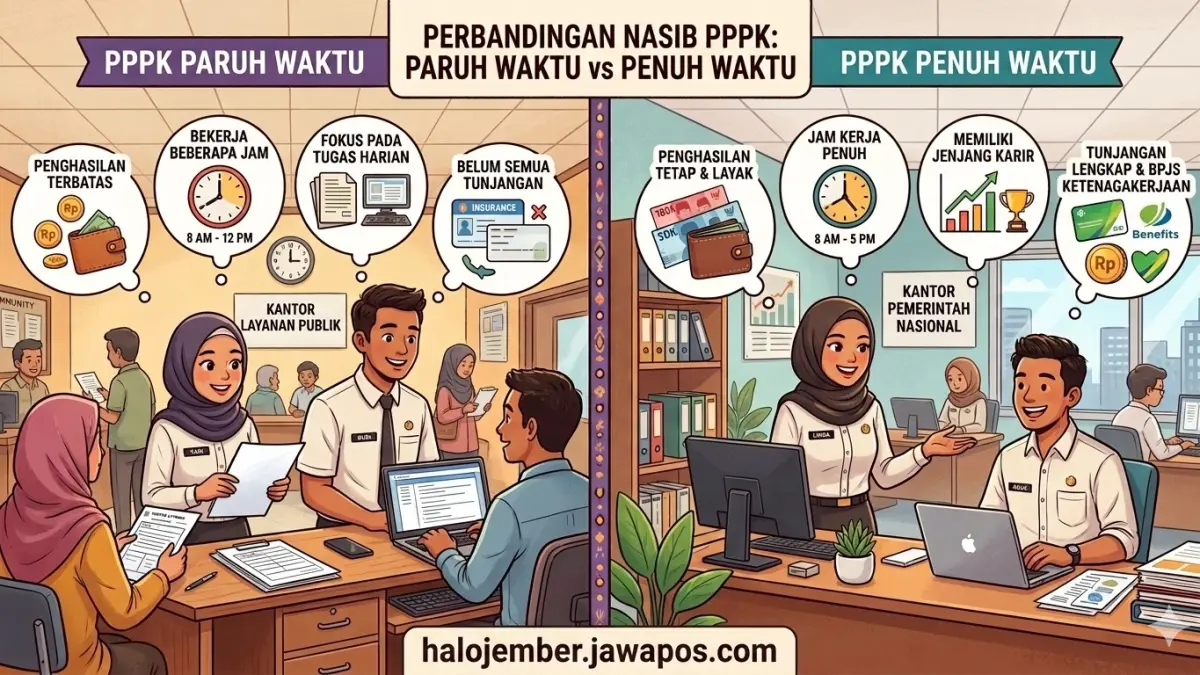 Ilustrasi gambar PPPK Paruh Waktu dan Penuh Waktu. (nurhariri/ai/halojember)