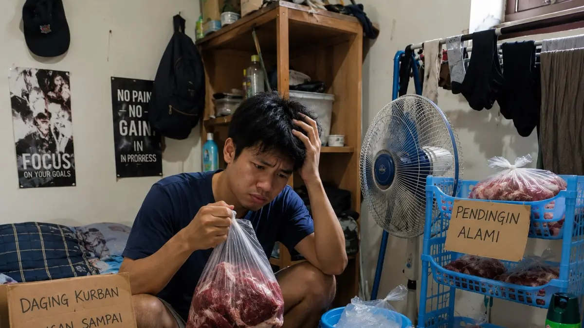 Penghuni kos yang bingung dapet daging kurban, tapi takut malah basi. (brilianadillah/ai/halojember)