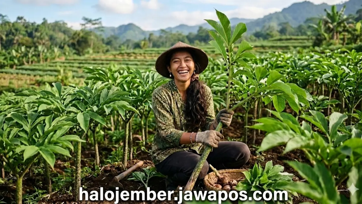 Gambar tanaman porang dan petani cantik yang memanen porang bisa menjanjikan sebagai pangan alternatif. (nurhariri - brilian abdillah/ai/halojember)