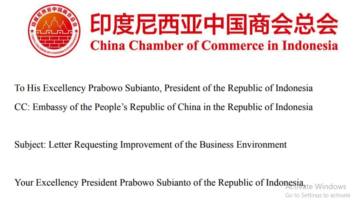 Surat Kadin China kepada Presiden Prabowo menyikapi kebijakan dan aturan Indonesia. (Tangkapan layar Surat Kadin China)