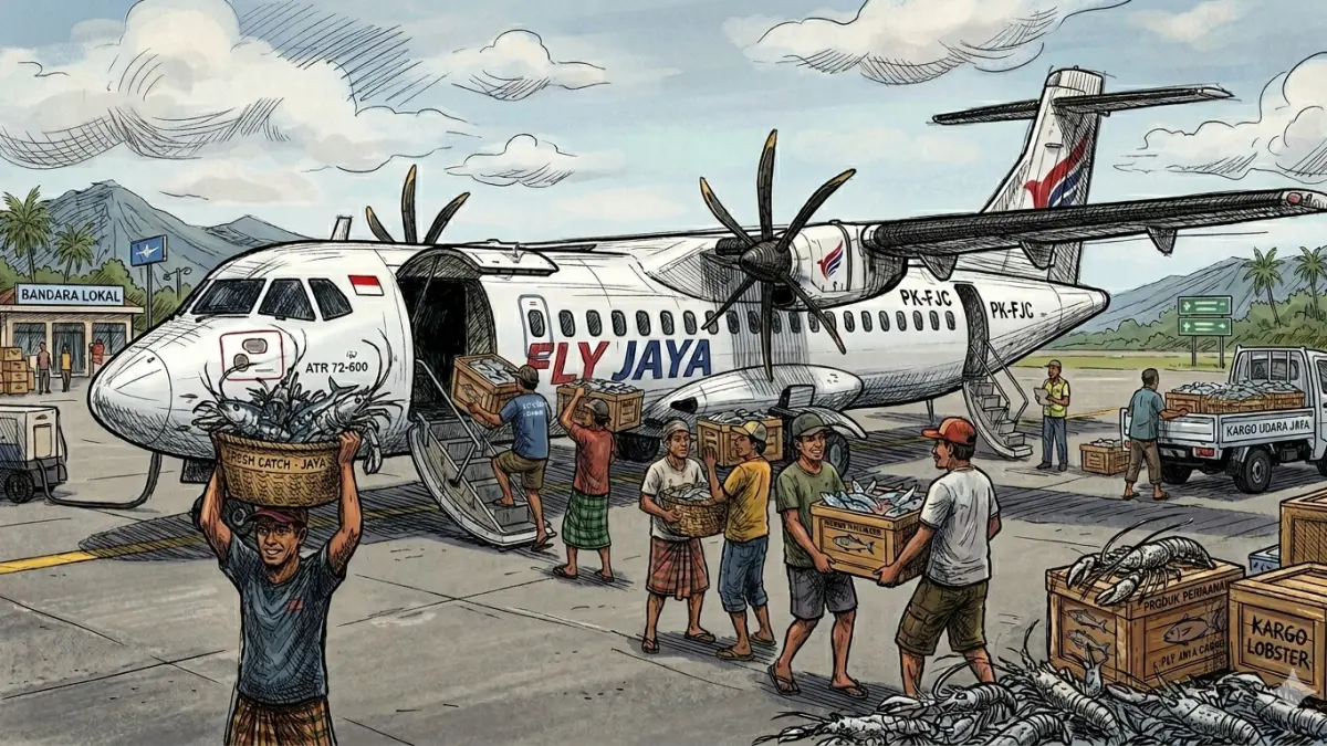 GELIAT EKONOMI: Ilustrasi AI pesawat di Bandara Notohadinegoro Jember juga melayani kargo barang. Termasuk melayani kargo hasil laut yang diekspor ke luar negeri. (DWI SISWANTO/Halo Jember/AI)
