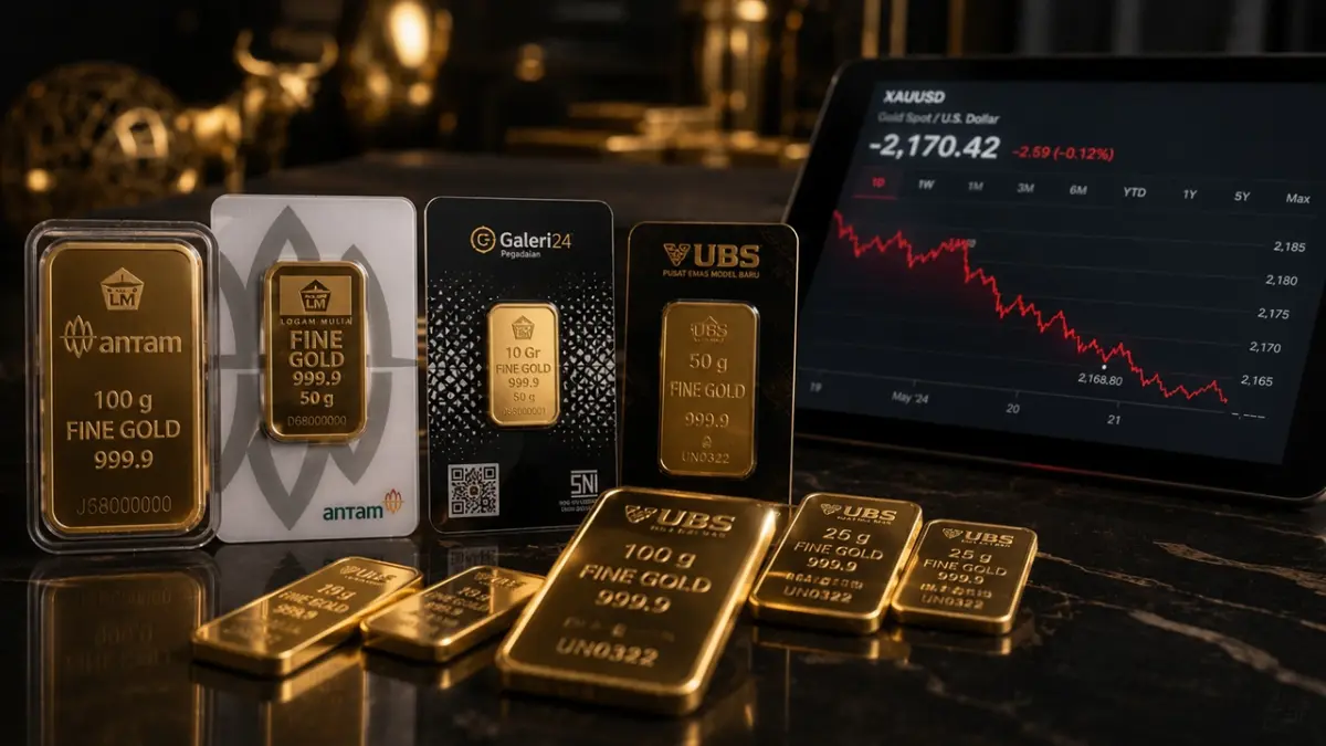 Harga emas hari ini secara organik mengalami pelemahan untuk produk UBS dan Galeri24, sementara emas Antam terpantau stabil di Pegadaian. (ai/rifki/halojember)