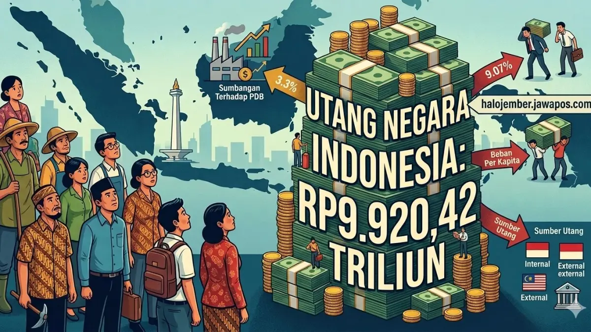 Ilustrasi tumpukan utang Indonesia per Maret 2026 yang mencapai Rp9.920,42 triliun. (nurhariri/ai/halojember)