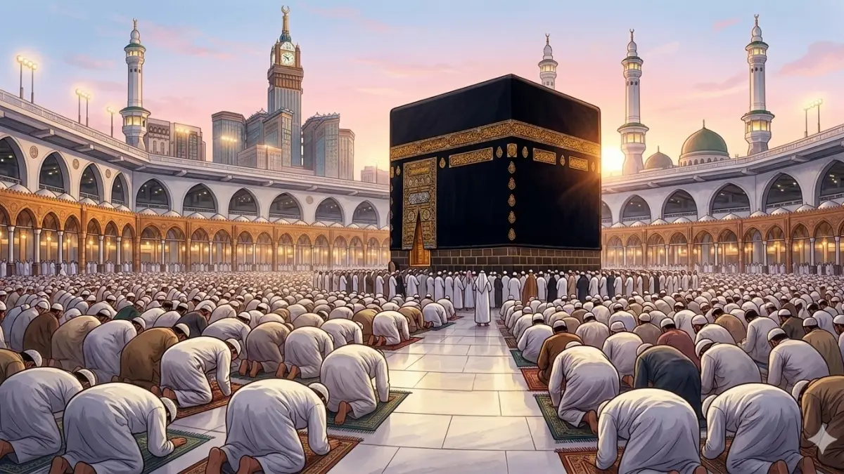 Ilustrasi jemaah haji salat menghadap Kakbah di Makkah. (nurhariri/ai/halojember)