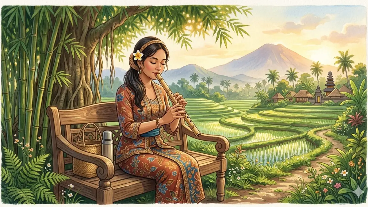 KESENIAN: Ilustrasi perempuan bermain seruling bamboo. (NURHARIRI/AI/HALOJEMBER)
