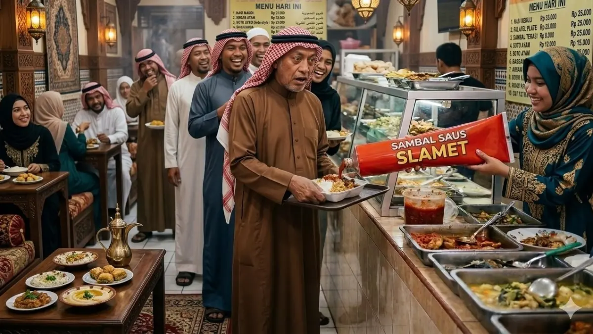 Pak Slamet membuat sejumlah orang tertawa terpingkal-pingkal saat antre makan bersama jemaah haji di Arab Saudi karena keceplosan minta sambal saus pakai akting kepedasan. (nurhariri/ai/halojember)