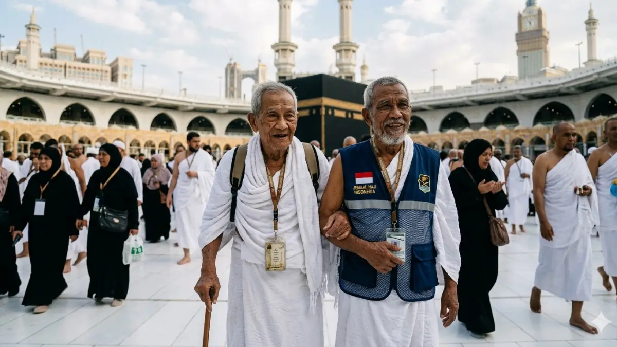 Gambar bapak anak sama-sama lansia berhaji. (nurhariri/ai/halojember)