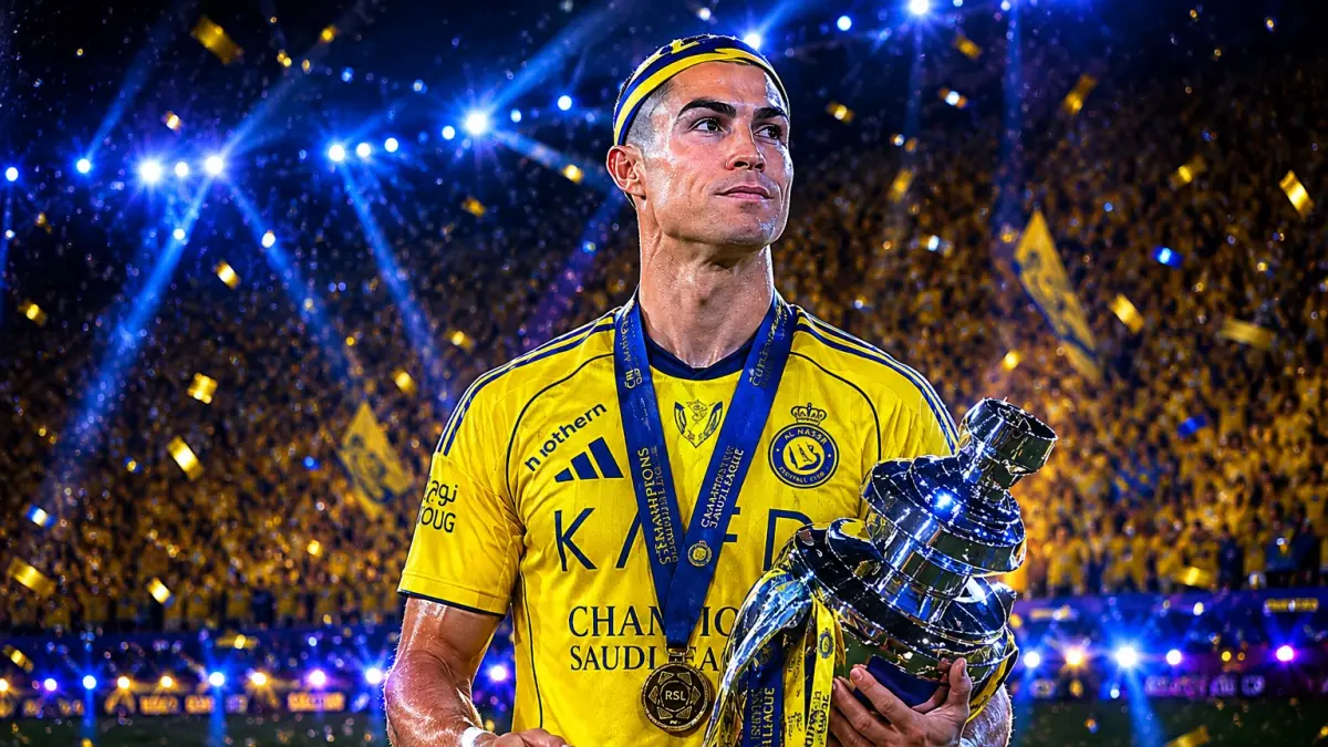 Ilustrasi Ronaldo memegang tropy liga saat perayaan di stadium.(briliabdillah/ai)