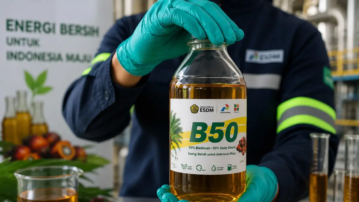 Ilustrasi sebotol bahan bakar (B50) biodiesel sawit 50% yang dikembangkan Pemerintah Indonesia (briliabdillah/ai)