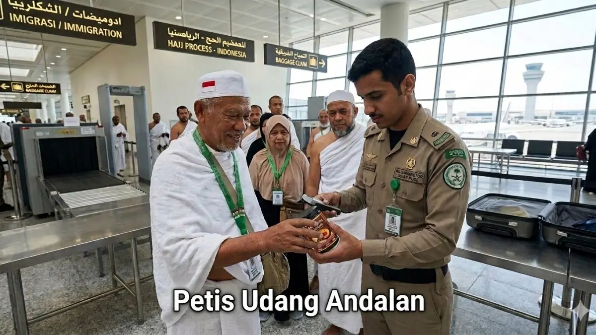 Jemaah haji menunjukkan petis udang andalan di dalam, setelah dicurigai karena aromanya sehingga kopernya dibongkar. (nurhariri/ai/halojember)